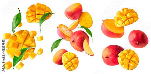 Fresh ripe mango falling in the air photo