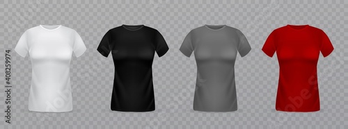 Realistic women t-shirts. 3d isolated female clothes templates. White, black, grey and red blank ladies shirts, front view. Empty textile marketing branding vector isolated mockup