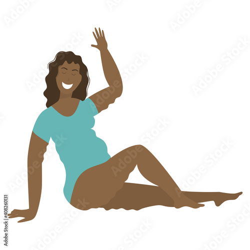 A black happy woman in a cellulite swimsuit, overweight sits waving her hand in a flat cartoon style, isolated on a white background. Love your body, a positive body. Vector illustration