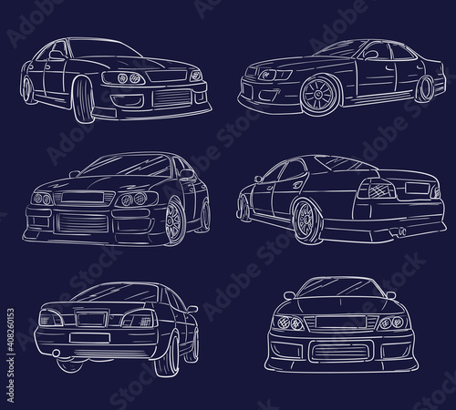 Vector car outline illustration. Set of magin sketch linear silhouette
