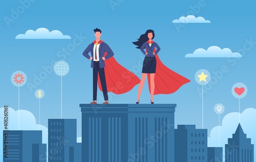 Business heroes. Woman and man with red capes on skyscraper roof, city background with different symbol tags, brave strong leader people. Professional team flat vector cartoon concept