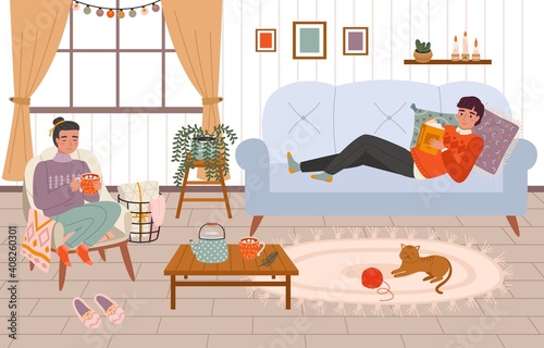 Couple at home. Young girl and guy in a cozy room pleasant winter hygge interior, family relaxation, people chill with book and hot drink in warm lamp atmosphere. Vector cartoon concept