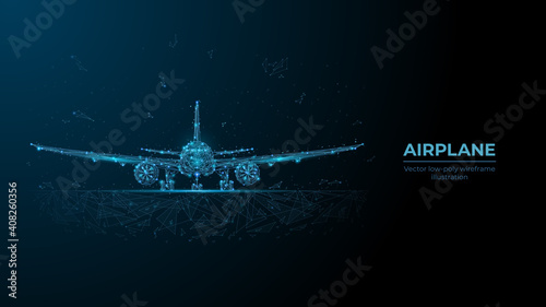  Abstract 3d airplane in dark blue. Travel, tourism, business, airline transportation concept. Digital vector mesh with dots, lines and flying particles look like debris. Low poly airliner wireframe