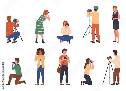Professional photographers. Cartoon people with cameras, male and female characters take photo shots, paparazzi or journalist occupation, digital photography hobby. Vector isolated set