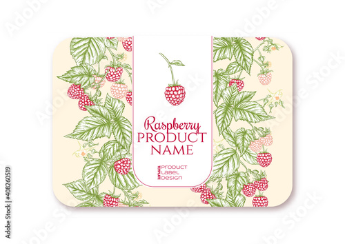 Raspberry. Ripe berries on branch. Template for product label, cosmetic packaging. Easy to edit. Graphic drawing, engraving style. Vector illustration..