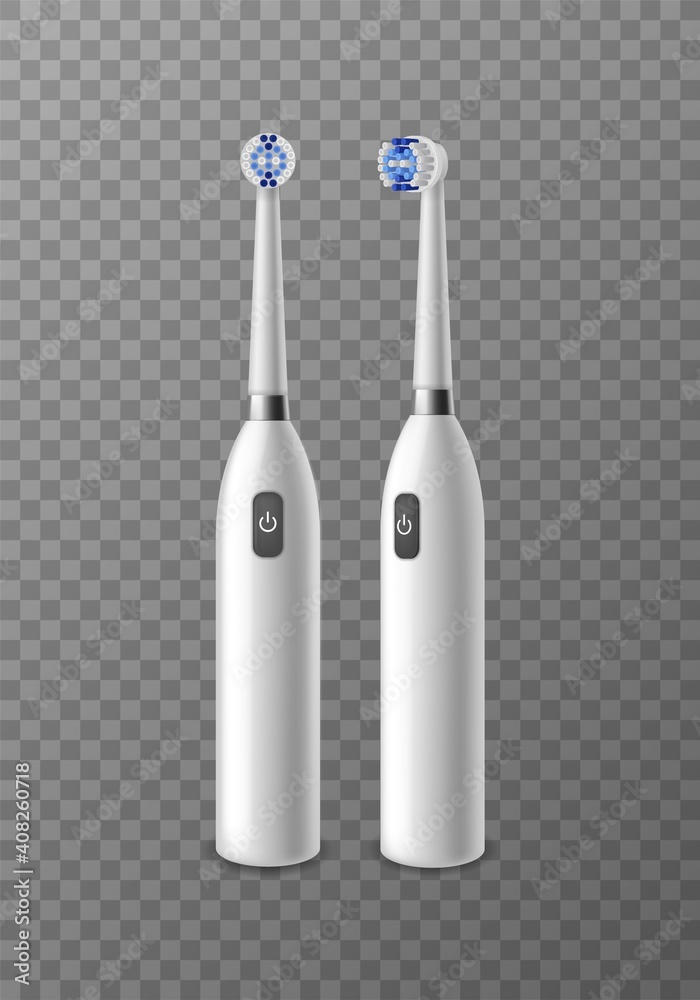 Fototapeta premium Electric toothbrush. Realistic dentistry accessory front and side view isolated on transparent background, white electrical toothbrushes daily morning mouth hygiene vector illustration