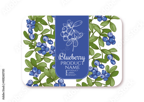 Blueberry Ripe berries. Template for product label, cosmetic packaging. Easy to edit. Graphic drawing, engraving style. Vector illustration.