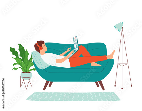 Young man lies with a laptop on the couch in the room. Remote work from home concept, freelance, distance education, e-learning, online shooping, courses. Isolated vector illustration