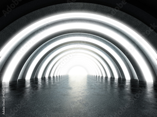 Brighthly lit futuristic tunnel with reflection on the ground. 3D illustration