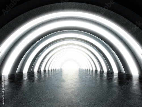 Fototapeta Naklejka Na Ścianę i Meble -  Brighthly lit futuristic tunnel with reflection on the ground. 3D illustration