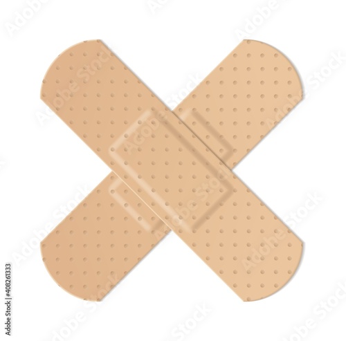 Realistic water resistant perforated medical plasters. Plastic adhesive tape cross form, protection and health care first aid object, vector isolated on white background illustration