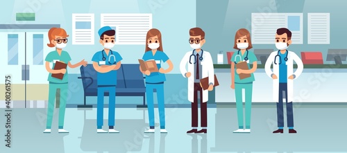 Doctors and nurses in hospital waiting room. Medical staff in protective masks in clinic reception  coronavirus treatment  covid-19 clinic interior  aid reception vector horizontal concept