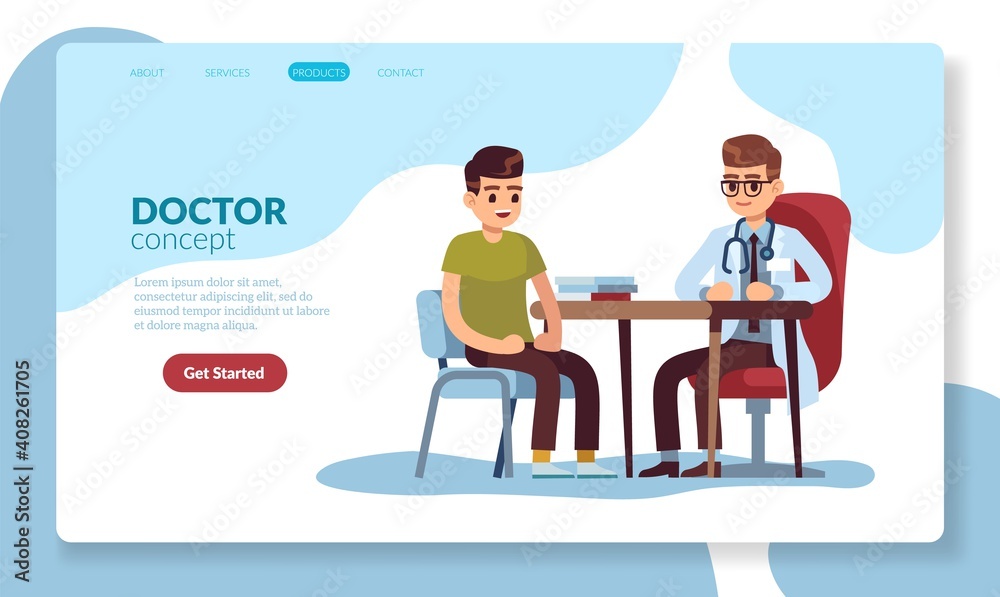 Medical landing page. Young cartoon characters doctor and patient web template. Diagnosis, consultation and examination in clinic, checkup and treatment in hospital, vector concept
