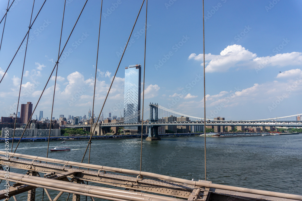 Brooklyn Bridge in New York City with complex cables installed Brooklyn Bridge in New York City with complex cables installed