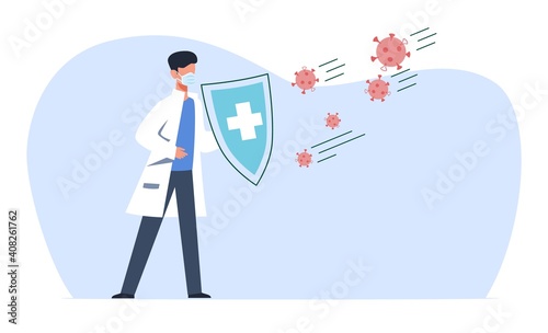 Protect COVID-19. Doctor in medical mask holding protective shield, virus attack, fight against disease, stop coronavirus pandemic concept, health care and safety, flat vector cartoon poster