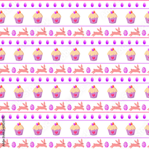 Pattern with Easter cake with pink bunnies and eggs. Vector illustration isolated on white background. Easter design for packaging goods and gifts, fabrics and decor.
