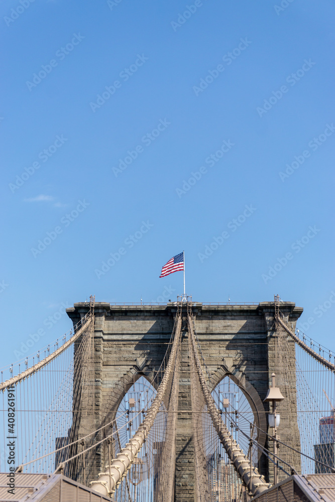 Fototapeta premium Brooklyn Bridge in New York City with complex cables installed