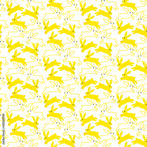 Pattern with yellow rabbits. Easter design. Vector illustration isolated on white background. For packaging goods and gifts, fabrics and decor.