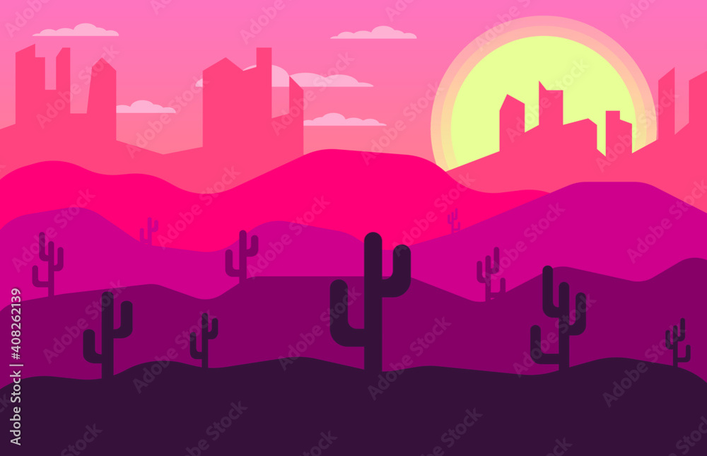 flat illustration of desert landscape. sunset over the desert. rocky landscape. cacti among the sand