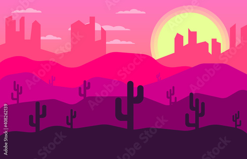 flat illustration of desert landscape. sunset over the desert. rocky landscape. cacti among the sand