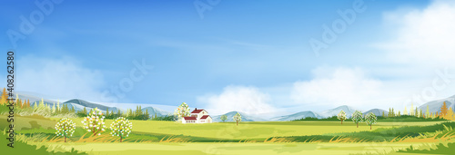 Spring landscape in countryside with farmhouse, green meadow on hills, blue sky and clouds,Vector cartoon Summer or Spring,Panoramic village with grass field and wildflower, Holiday natural background