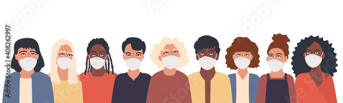 Group of men and women in a protective mask. Collection of female and male characters following recommendations for the prevention of coronavirus, flu, air pollution, contaminated air, world pollution