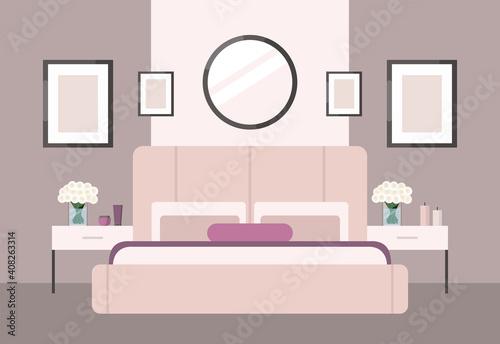 Luxurious bedroom in a classic style  large pink bed with a headboard  bedside table  roses. Hotel room suite. Furniture store advertisement. Interior design in Art Deco style. Housewarming card