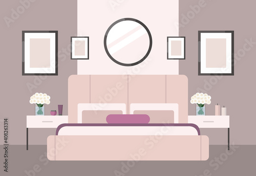 Luxurious bedroom in a classic style, large pink bed with a headboard, bedside table, roses. Hotel room suite. Furniture store advertisement. Interior design in Art Deco style. Housewarming card