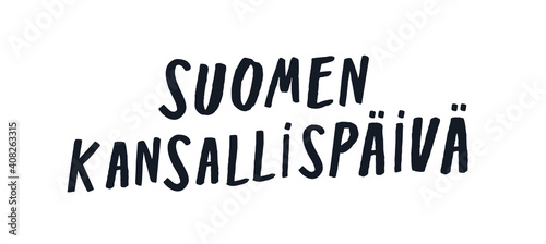 Handwritten Finnish Independence Day sign modern black hand lettering design fun paintbrush retro design element. Slanted narrow letters compressed caps web banner social media post plain background