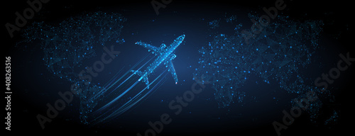 3d airplane flying over continents and ocean. Abstract vector top view wireframe. Digital airliner and world map concept in dark blue background. Low poly mesh with dots, lines and glowing stars