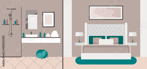 Luxurious bedroom with bathroom in a classic style, large bed with a headboard, bedside table, lamp, shower, sink, towels, mirror. Hotel room suite. Furniture store. Interior design in Art Deco style