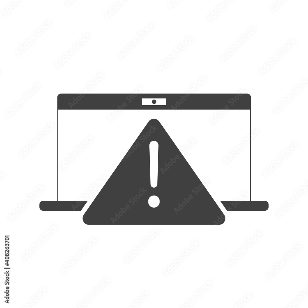 Exclamation danger sign on laptop. attention sign icon. Hazard warning attention sign. Exclamation danger sign on laptop. attention sign icon. Hazard warning attention sign.