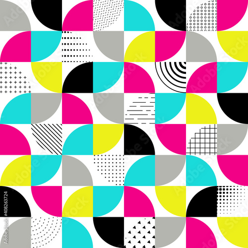 Color bauhaus geometric seamless pattern. Colorful design prints. Abstract geometry background. Repeated modern pattern. Swiss style. Repeating circle digital shape. Swatch graphic element. Vector