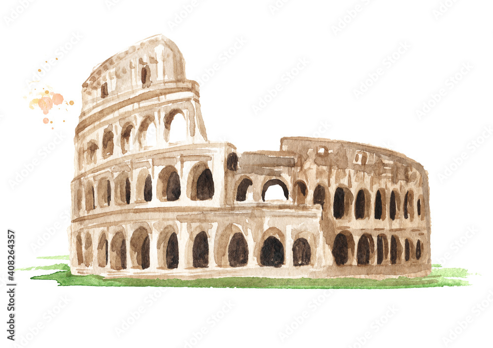 Roman Colosseum in Rome, Italian landmark. Hand drawn watercolor illustration isolated on white background