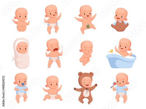 New born babies. Sleeping infant childrens smile cute little characters nowaday vector illustrations. Infant and newborn baby, child smiling