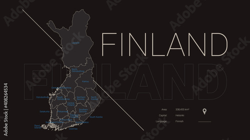 Detailed map of Finland, division and country information, travel poster in dark style, vector illustration