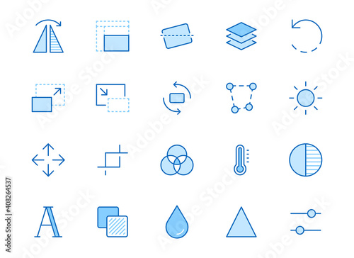 Photo edit line icon set. Flip, crop image, color filter, adjust effects, contrast minimal vector illustration. Simple outline signs for photography application. Blue color, Editable Stroke