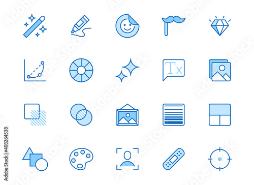 Photo edit line icon set. Image filter, add sticker, adjust curves, glow, heal minimal vector illustration. Simple outline signs for photography application ui. Blue color, Editable Stroke
