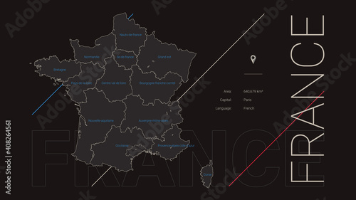 Detailed map of France, division and country information, travel poster in dark style, vector illustration