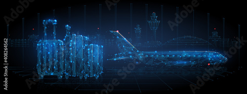 Digital vector luggage at airport, airplane and control tower in background. Boarding a plane, air travel concept. Abstract low poly dark blue wireframe consisting of stars, dots, stars and particles
