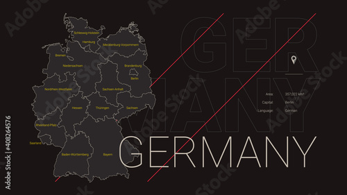 Detailed map of Germany, division and country information, travel poster in dark style, vector illustration