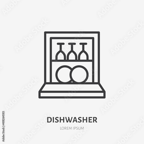 Dishwasher flat line icon. Vector outline illustration of housekeeping equipment. Black color thin linear sign for dish clean machine
