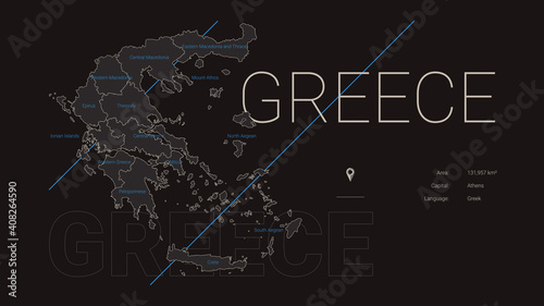 Detailed map of Greece, division and country information, travel poster in dark style, vector illustration