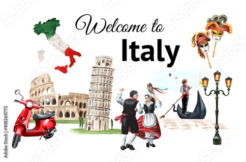Welcome to Italy card. Italian landmarks and symbols. Hand drawn watercolor illustration isolated on white background