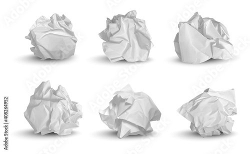 Crumpled balls. 3d garbage paper idea notes trash symbols decent vector realistic pictures. Paper garbage trash, crumpled rubbish illustration © ONYXprj