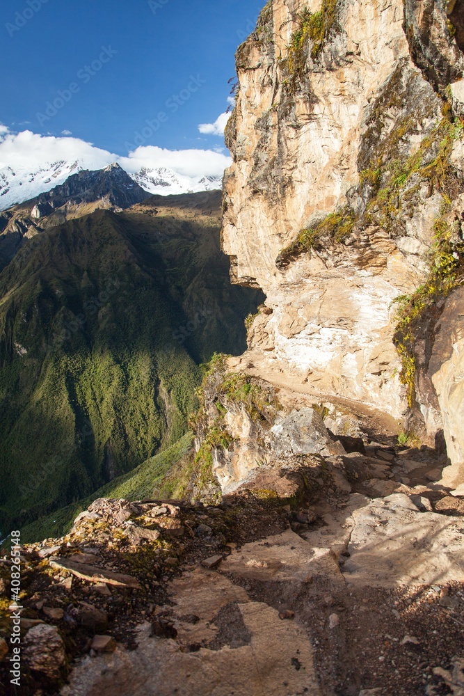 Obraz premium pathway and rock face, Mount Saksarayuq, Andes mountains