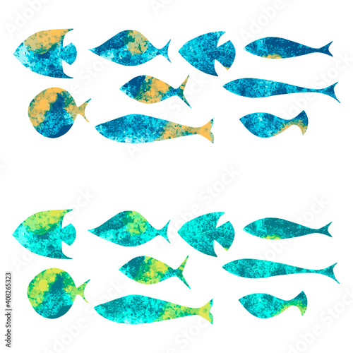  Set of fish with an abstracted unusual coloring in blue and green tones. Vector illustration