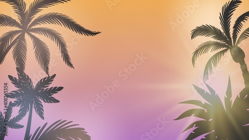 Palm background. Summer sunset, sunshine between branches. Seasonal party background, sunburst and tree silhouettes vector illustration. Natural outdoor beauty to vacation and travel