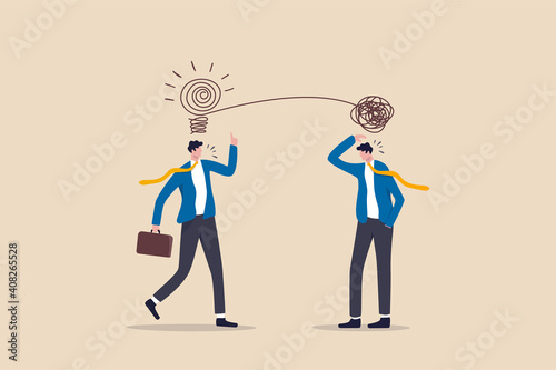 Proactive and reactive thinking, chaos and order theory or simplify idea to solve difficulty problems concept, businessmen discussing work using creativity solving messy line into light bulb idea.