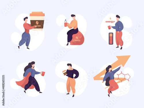 Caffeine stimulation. Energizer people drinking hot drink from cup concept of energy persons good feelings office tea rest time vector stylized character. Illustration energy drink, cup with caffeine
